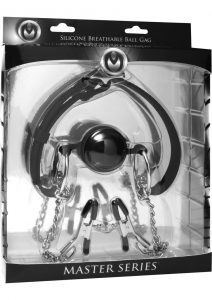 Master Series Hinder Silicone Breathable Ball Gag And Nipple Clamps Black