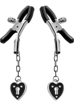 Master Series Platinum Bound Charmed Heart Padlock Nipple Clamps