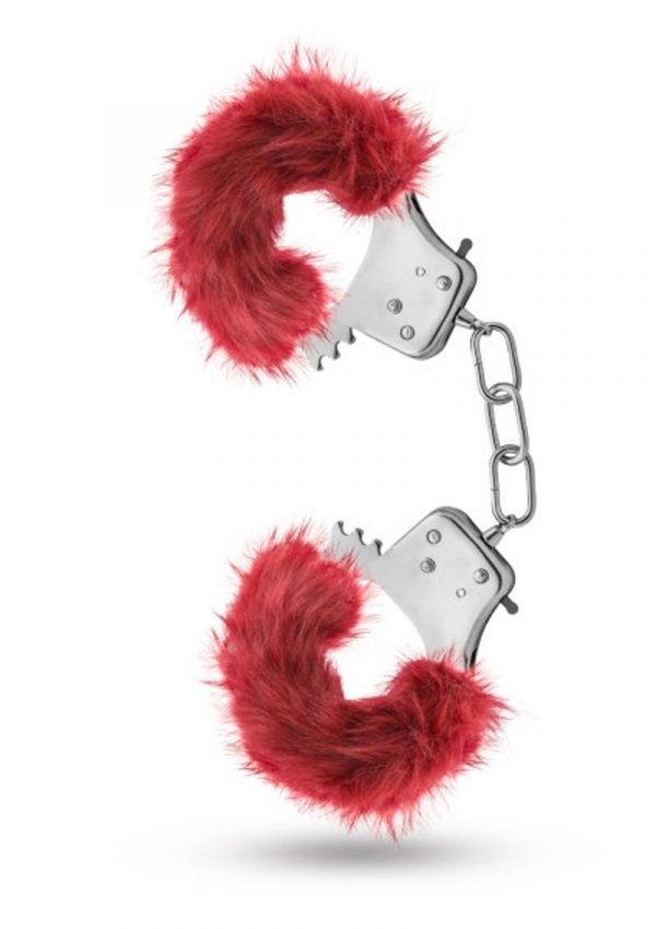 Temptasia Plush Fur Cuffs Adjustable Furry Hand Cuffs Stainless Steel With Keys Burgandy