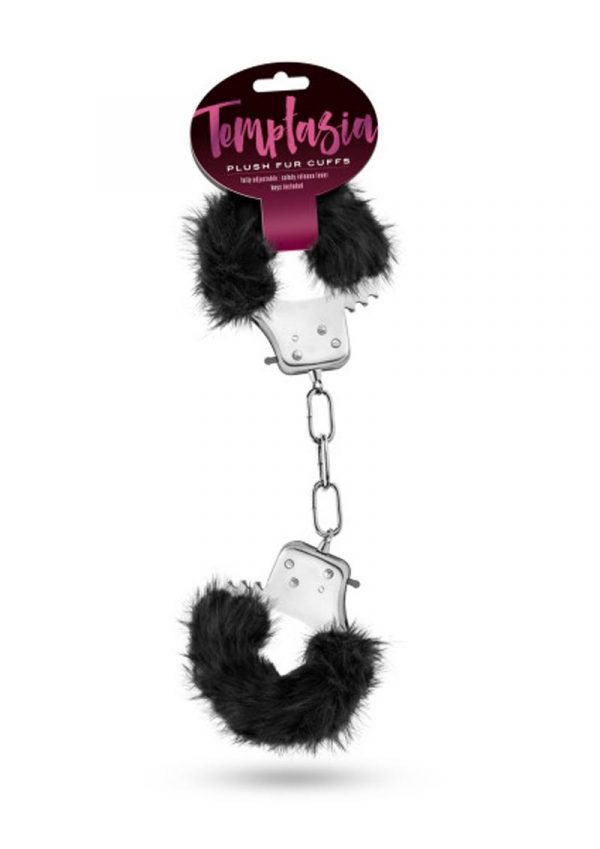 Temptasia Plush Fur Cuffs Adjustable Furry Hand Cuffs Stainless Steel With Keys Black