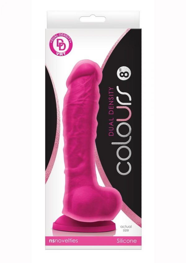 Colours Dual Density 8in Pink Silicone Dildo With Balls Realistic Non-Vibrating Suction Cup Base