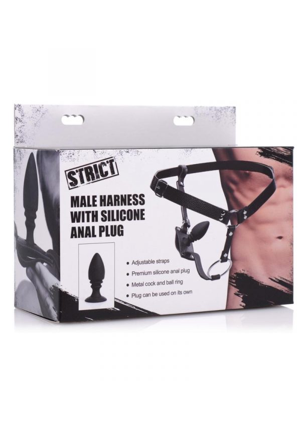 Strict Male Harness With Silicone Anal Plug Adjustable Metal Cock and Ball Ring