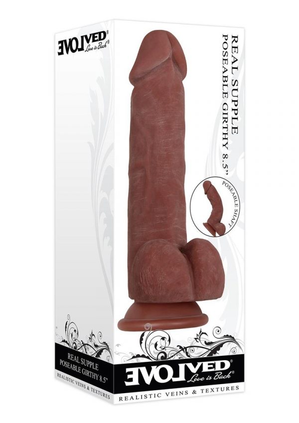 Real Supple Girthy Poseable Dildo With Balls 8.5in - Chocolate