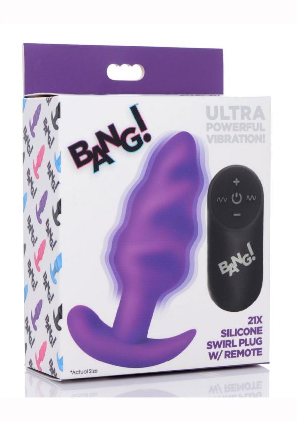 Bang! 21x Vibrating Silicone Rechargeable Swirl Butt Plug With Remote Control - Purple