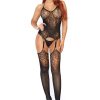 Leg Avenue Seamless Lace Jacquard Net Suspender Bodystocking - O/S - Black