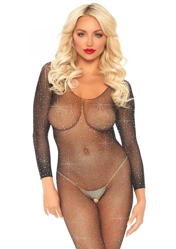 Leg Avenue Crystalized Seamless Fishnet Long Sleeved Bodystocking - O/S - Black