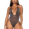 Leg Avenue Shimmer Sheer Lurex Rhinestone Bodysuit With Thong Back And Convertible Wrap-Around Straps - O/S - Black/Silver