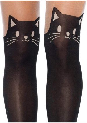 Leg Avenue Black Cat Spandex Opaque Pantyhose with Sheer Thigh Accent - O/S - Black/Nude