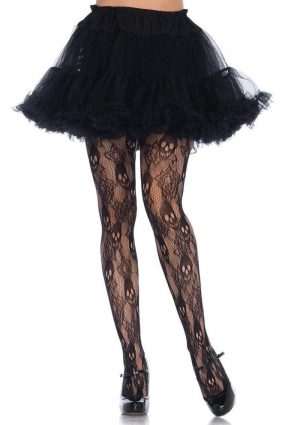 Leg Avenue Black Rose Skull Lace Tights - 1X-2X - Black