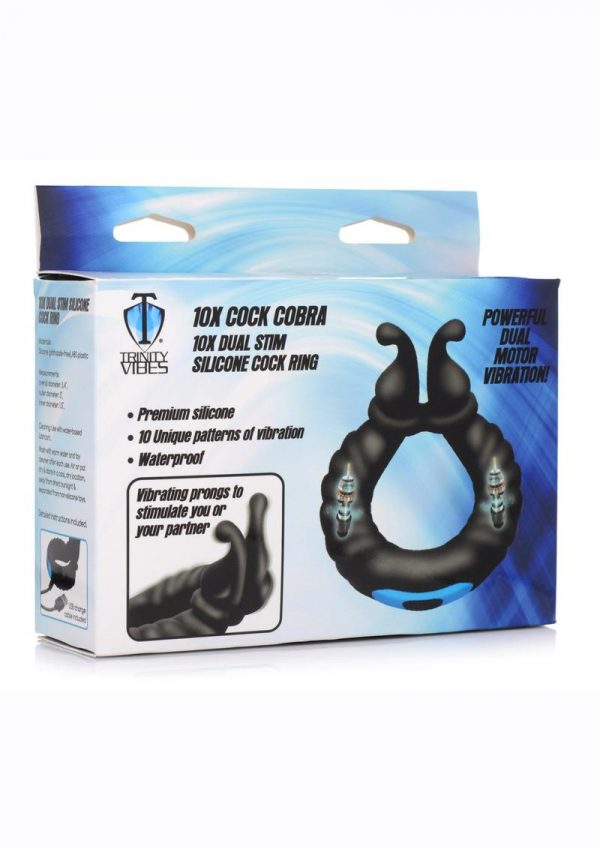 Trinity 4 Men 10X Cock Cobra Dual Stimulating Rechargeable Silicone Cock Ring - Black