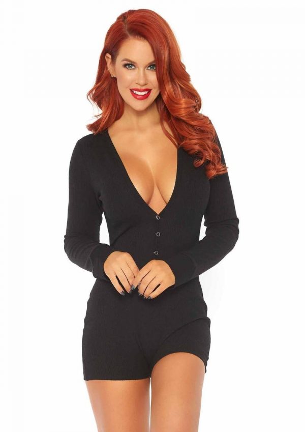 Leg Avenue Brushed Rib Romper Long Johns with Cheeky Snap Closure Back Flap - Medium/Large - Black