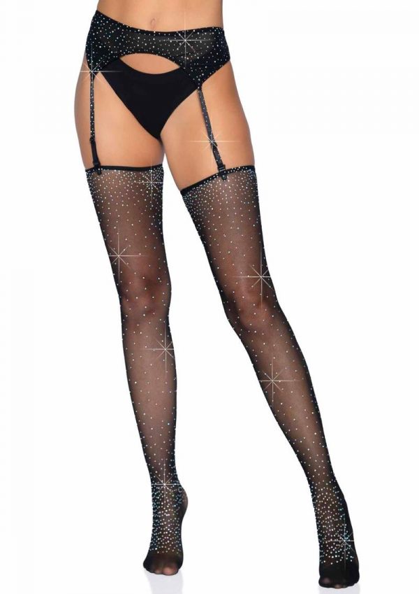 Leg Avenue Rhinestone Micro Net Garter Belt and Stockings Set (2 pieces) - O/S - Black