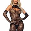 Leg Avenue Leopard Net Keyhole Dress and Matching Gloves (2 pieces) - O/S - Black