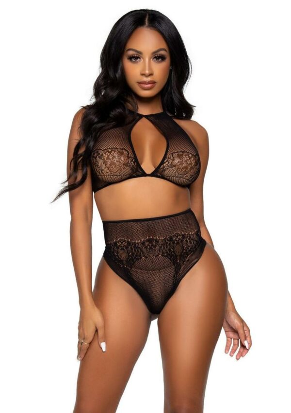 Leg Avenue Dotted Net Keyhole Halter Crop Top with Lace Accents and High Waist Thong Panty (2 pieces) - O/S - Black