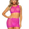 Leg Avenue Crochet Net Tank Crop Top and Mini Skirt (2 pieces) - O/S - Neon Pink