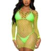Leg Avenue Supreme Fence Net Long Sleeved Mini Dress - O/S - Neon Green