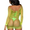 Leg Avenue Supreme Fence Net Long Sleeved Mini Dress - O/S - Neon Green