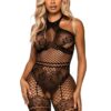 Leg Avenue Seamless Industrial Net Halter Bodystocking with Faux Lace Lingerie Detail - O/S - Black