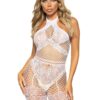 Leg Avenue Seamless Industrial Net Halter Bodystocking with Faux Lace Lingerie Detail - O/S - White