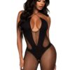Leg Avenue Opaque and Sheer Keyhole Twist Halter Bodystocking - O/S - Black