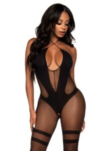 Leg Avenue Opaque and Sheer Keyhole Twist Halter Bodystocking - O/S - Black