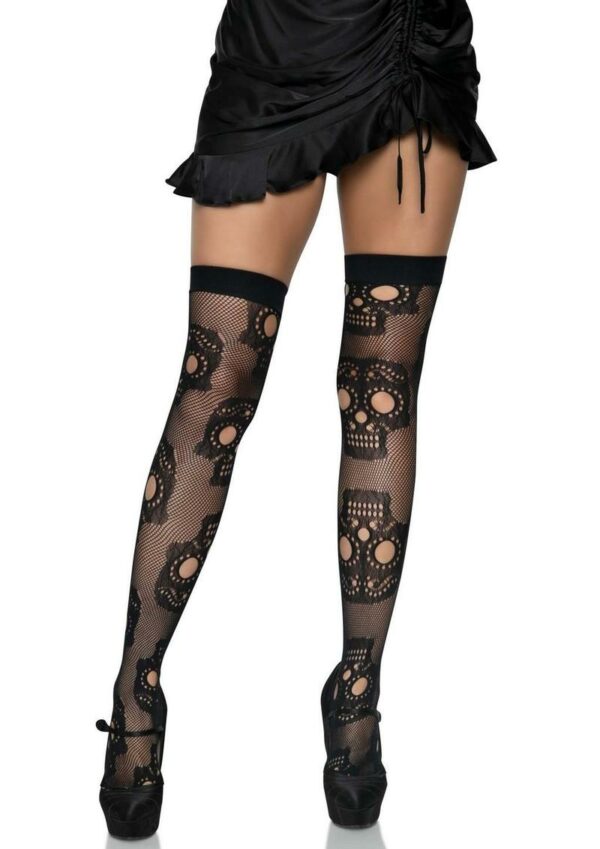 Leg Avenue Sugar Skull Net Thigh Highs - O/S - Black