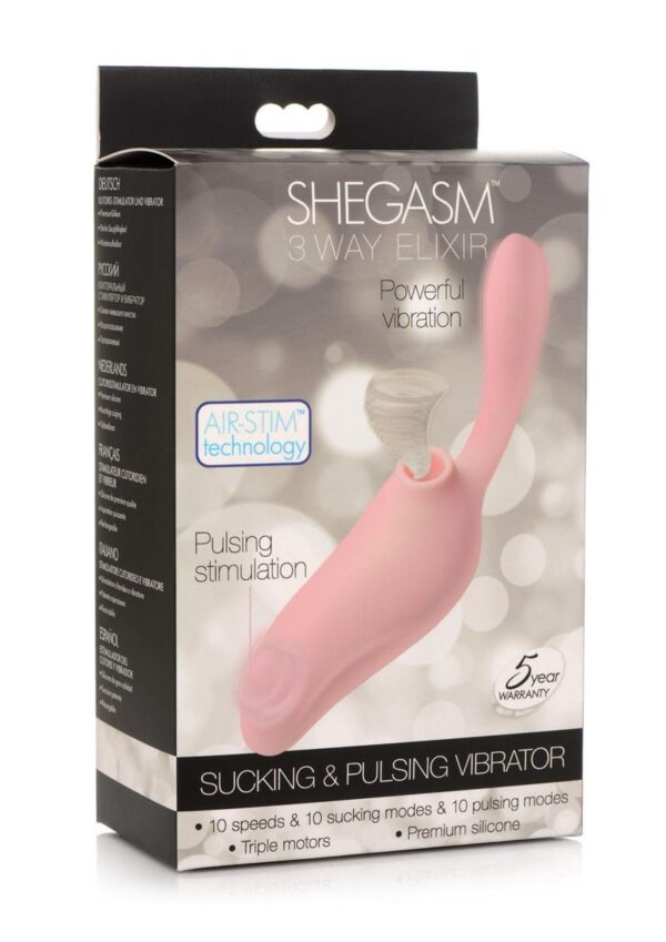 Shegasm 3-Way Elixir Rechargeable Silicone Sucking andamp; Pulsing Vibrator - Pink