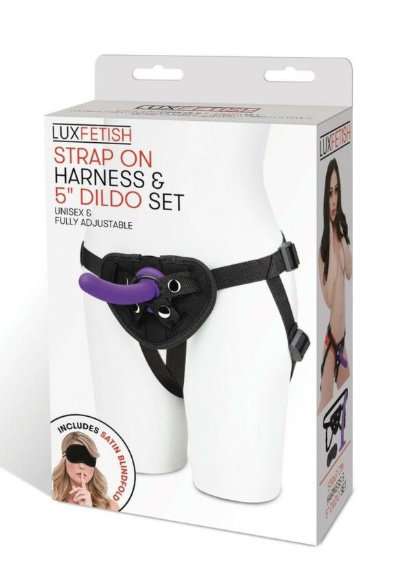 Lux Fetish Strap on Harness andamp; Silicone Dildo Set 5in - Black/Purple