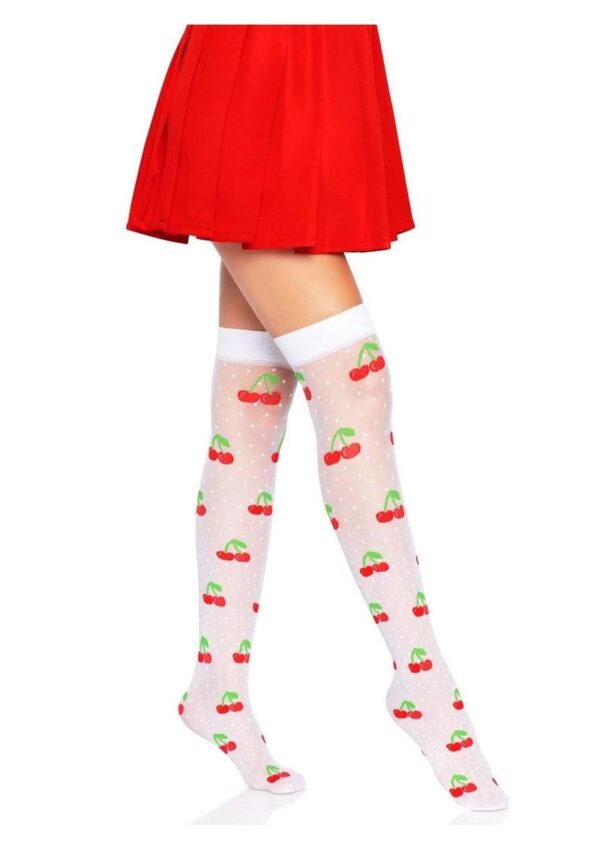 Leg Avenue Spandex Sheer Polka Dot Cherry Thigh Highs - O/S - White/Red