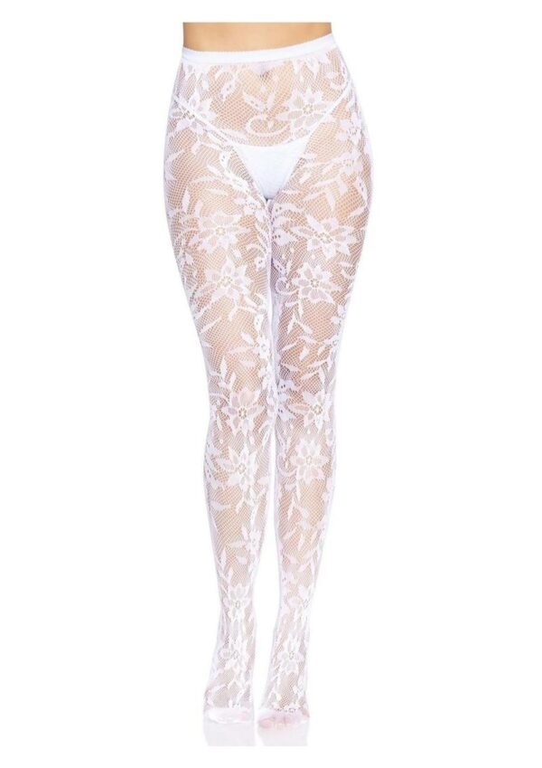 Leg Avenue Seamless Chantilly Floral Lace Tights - O/S - White