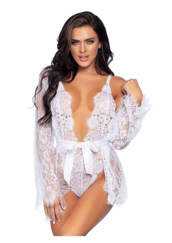 Leg Avenue Floral Lace Teddy with Adjustable Straps and Cheeky Thong Back Matching Lace Robe with Scalloped Trim and Satin Tie - Small - White