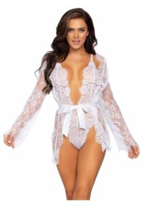 Leg Avenue Floral Lace Teddy with Adjustable Straps and Cheeky Thong Back Matching Lace Robe with Scalloped Trim and Satin Tie - Large - White