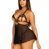 Leg Avenue Open Cup Eyelash Lace and Mesh Babydoll with Heart Ring Accent and Matching Panty - Large - Black