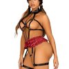 Leg Avenue Vegan Leather O-Ring Studded Harness Teddy with Collar Detail Adjustable Straps and Rip-Away Plaid Skirt - Small - Black