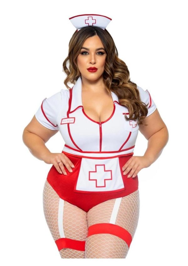 Leg Avenue Nurse Feelgood Snap Crotch Garter Bodysuit with Attached Apron and Hat Headband (2 Piece) - 3X/4X - Red/White