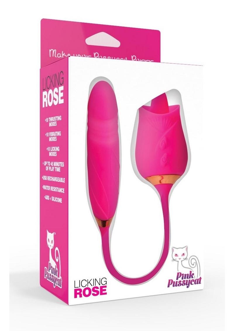 Pink Pussycat Vibrating Licking Rechargeable Silicone Rose with Remote Control - Pink