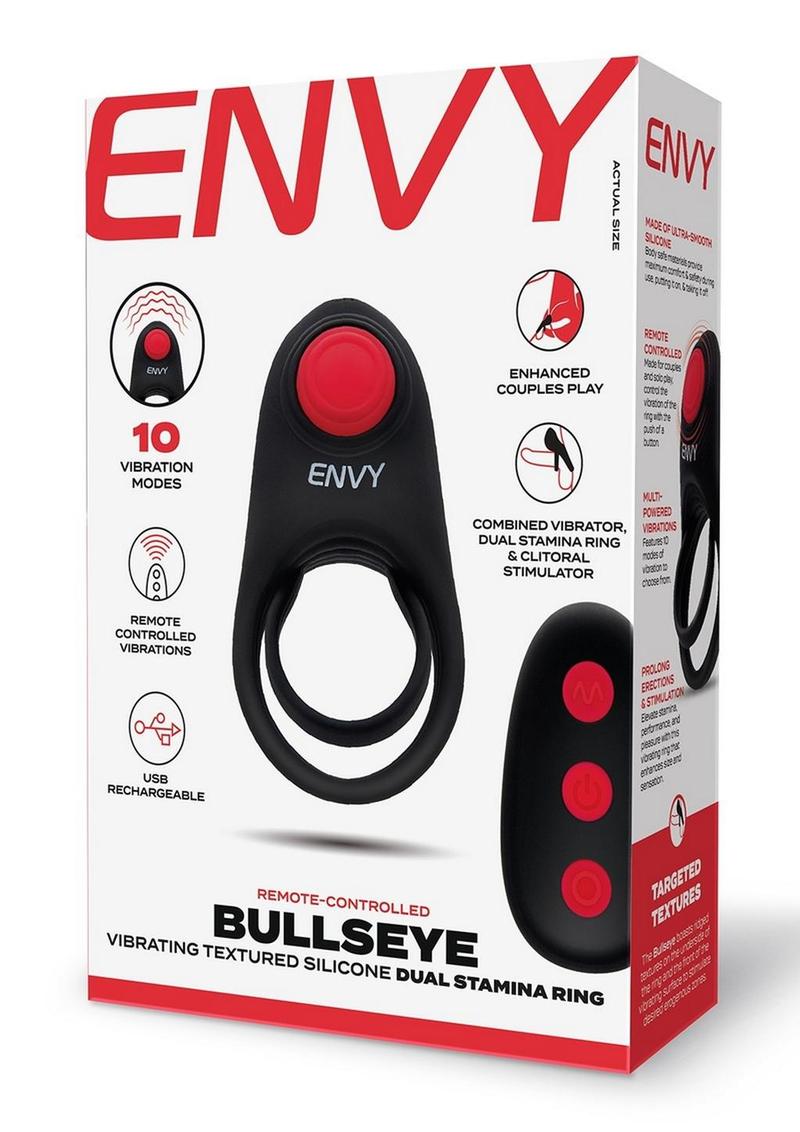 Envy Toys Bullseye Remote Controlled Vibrating Rechargeable Silicone Dual Stamina Ring - Black