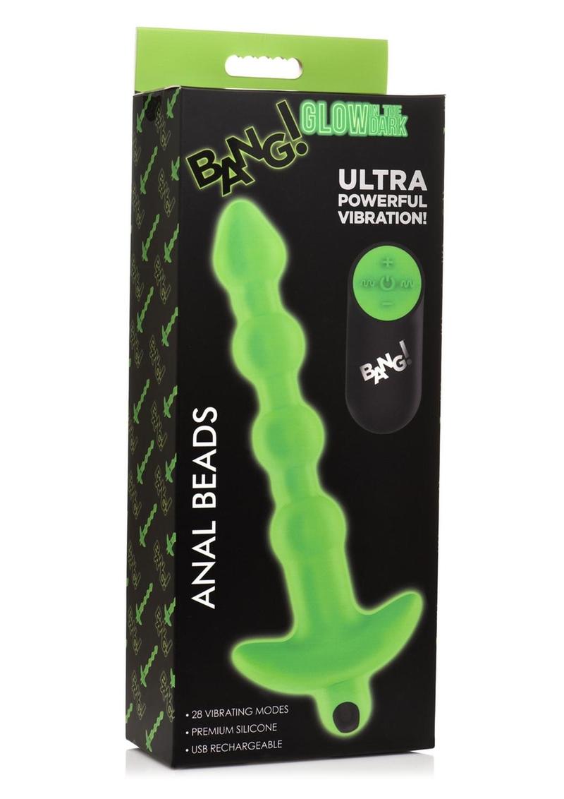 Bang! 28X Glow in the Dark Silicone Rechargeable Anal Beads with Remote Control - Green