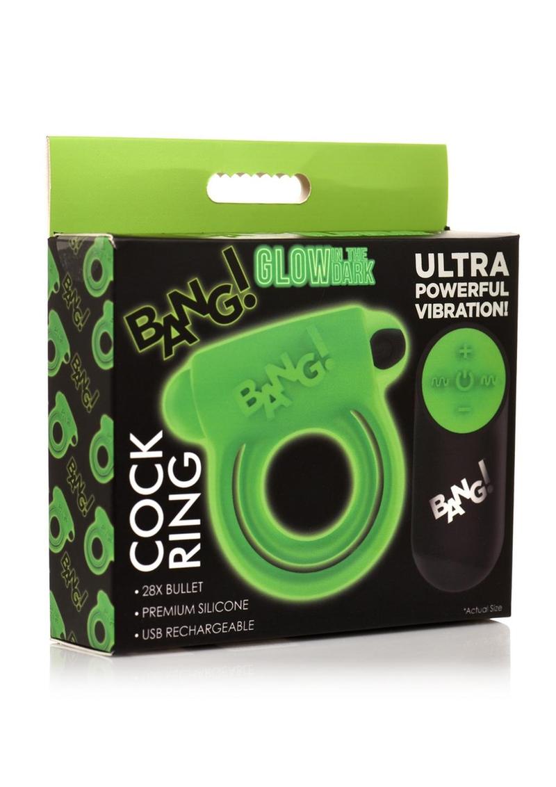 Bang! 28X Glow in The Dark Rechargeable Silicone Cock Ring with Remote Control - Green