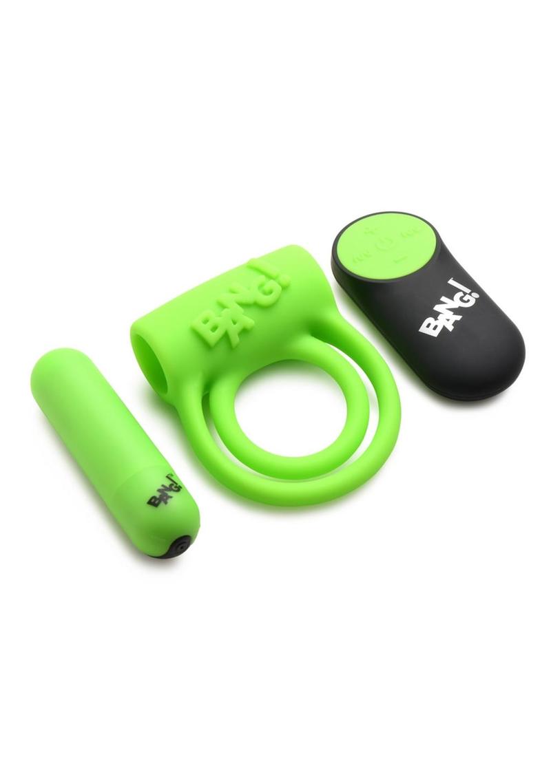 Bang! 28X Glow in The Dark Rechargeable Silicone Cock Ring with Remote Control - Green