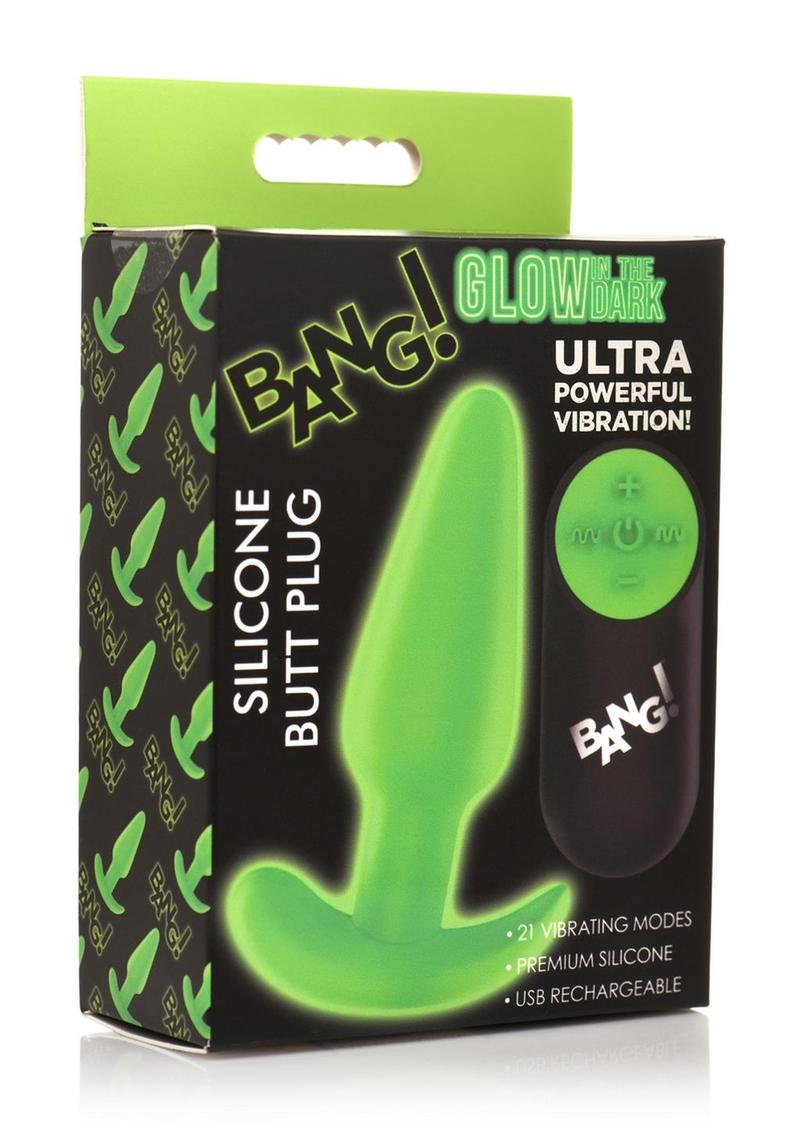 Bang! 21X Glow in The Dark Rechargeable Silicone Butt Plug with Remote Control - Green