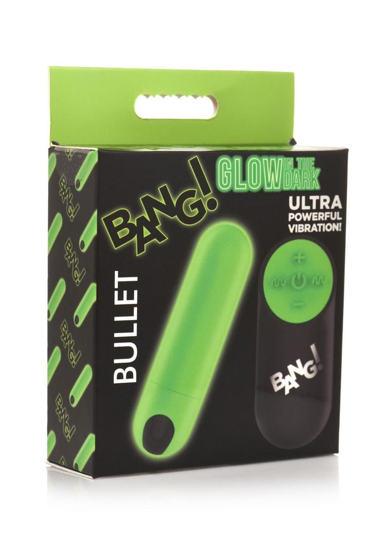 Bang! 28X Glow in The Dark Rechargeable Silicone Bullet with Remote Control - Green