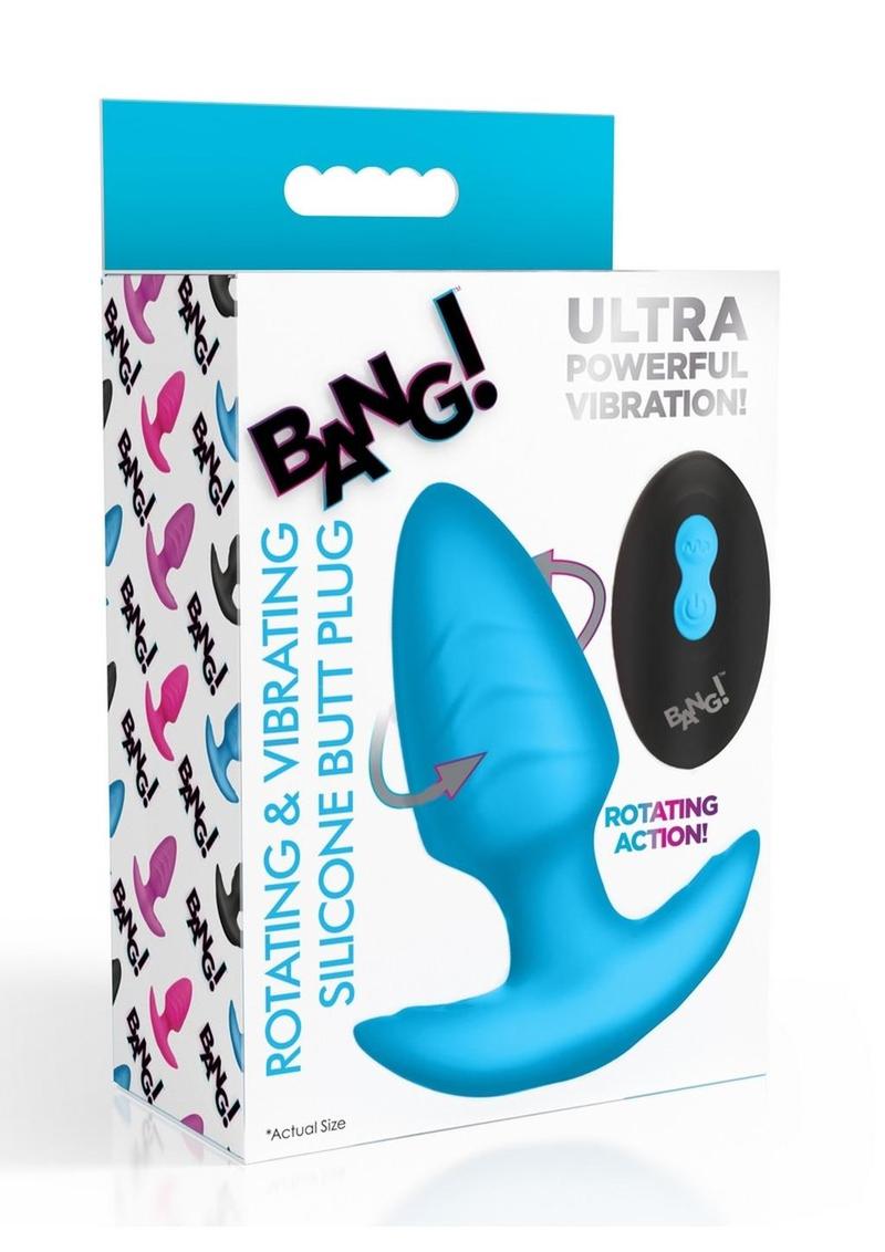 Bang! Rotating Vibrating Rechargeable Silicone Butt Plug with Remote Control - Blue