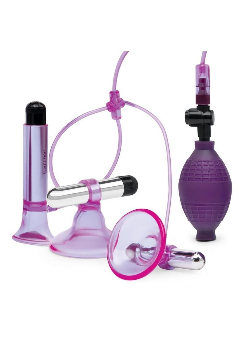 Lux Fetish Vibrating Nipple Suckers with Clitoral Pump With Quick Release - Purple/Silver