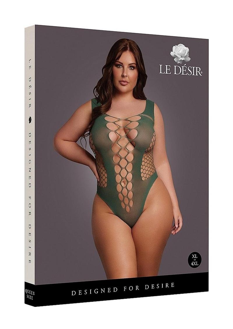 Le Desir V-Neck Teddy with Opaque Panels - Queen - Green