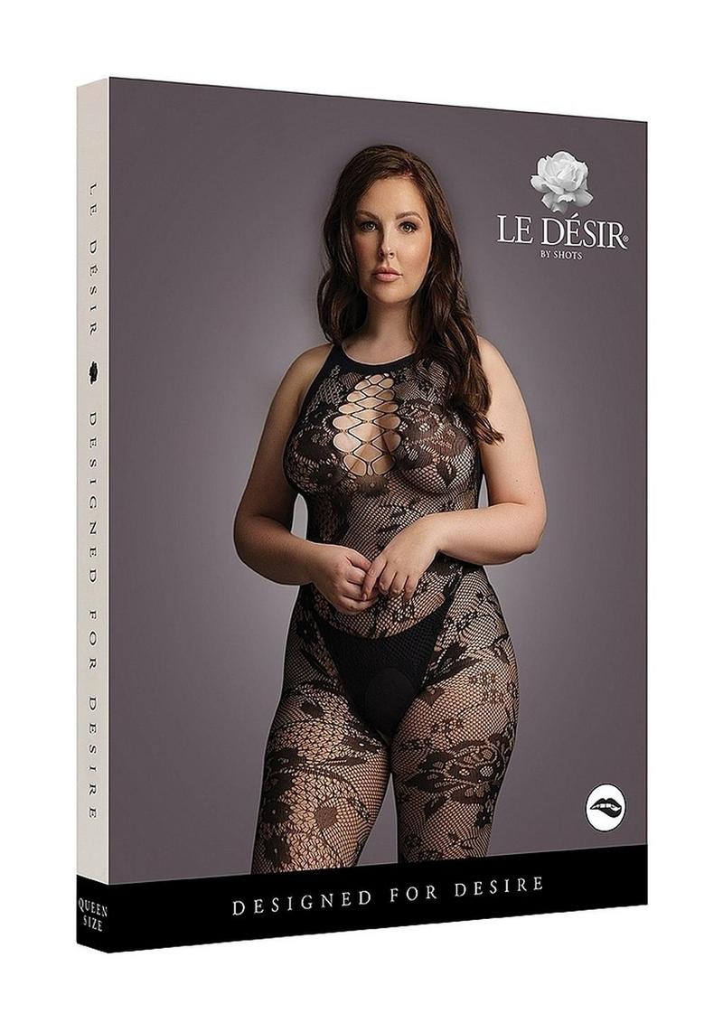 Le Desir Criss Cross Neck Bodystocking - Queen - Black