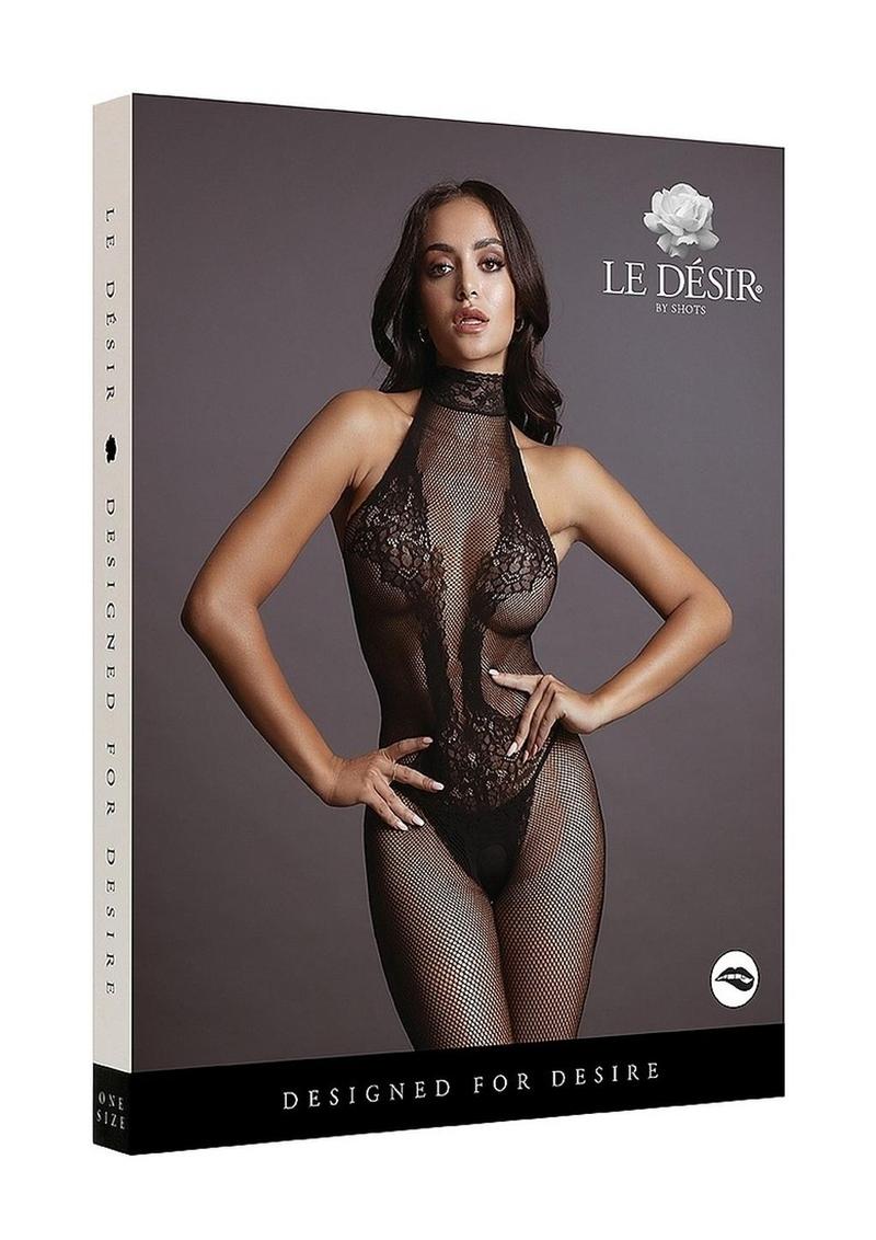 Le Desir Fishnet and Lace Bodystocking - O/S - Black