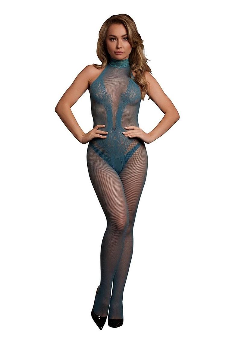 Le Desir Fishnet and Lace Bodystocking - O/S - Blue