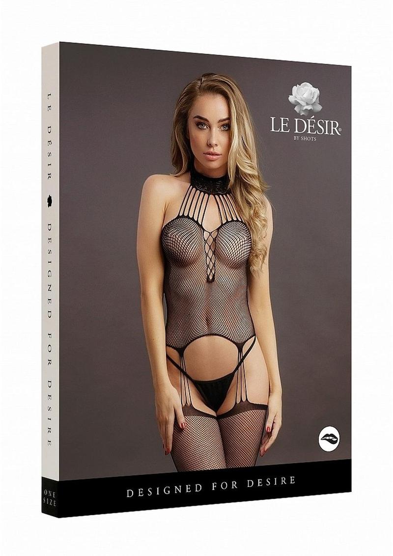 Le Desir Suspender Fishnet Choker Bodystocking - O/S - Black