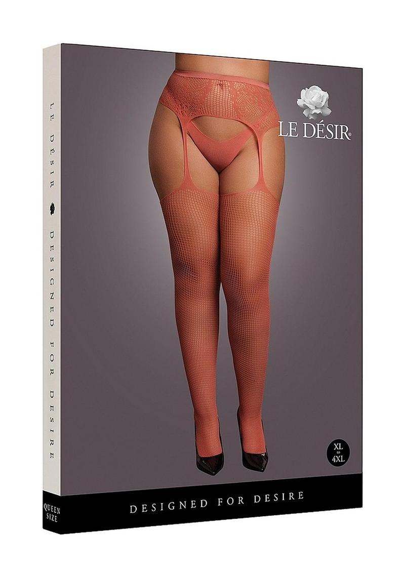 Le Desir Fishnet and Lace Garterbelt Stocking - Queen - Sunset Glow Orange